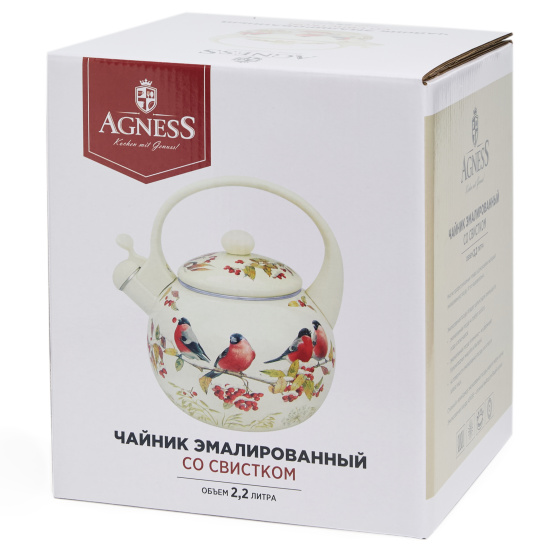 ЧАЙНИК AGNESS ЭМАЛИРОВАННЫЙ СО СВИСТКОМ СЕРИЯ "СНЕГИРИ", 2,2Л, ИНДУКЦИОННОЕ ДНО (934-749)