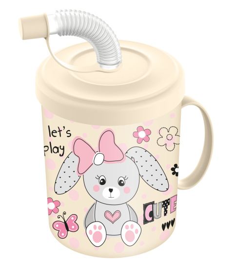 Кружка детская с крышкой, трубочкой и колпачком 300мл с декором "Зайка" (светло-бежевый)221502825/01