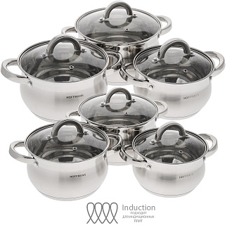 Набор кастрюль нержавеющая ст.5 сл.капс.дно 12пр.(кастр.6шт.-2,1л, 2,1л, 3,1л, 3,1л, 4,1л,7,4)НМ5214