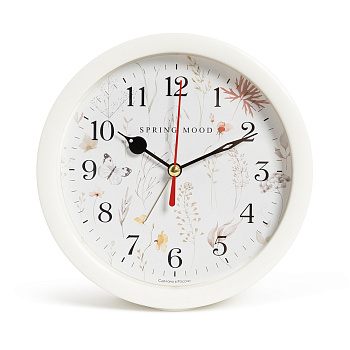 В4-063 (20) Будильник кварц d=15см, корпус белый "Цветочный паттерн", Рубин