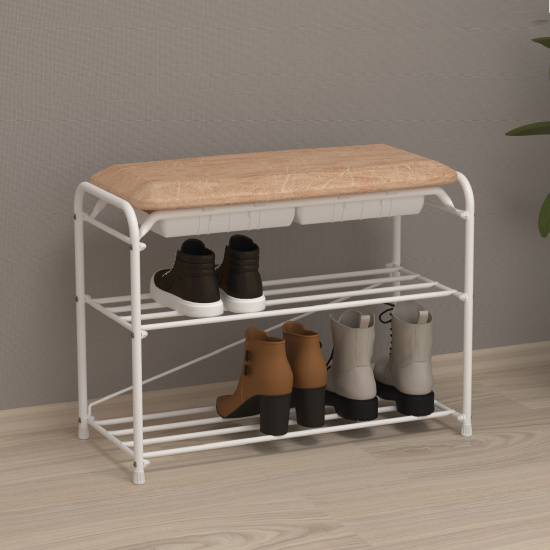 Подставка для обуви "Альфа 23" с сиденьем и ящиком (Белый) (3-х полочная,60см)