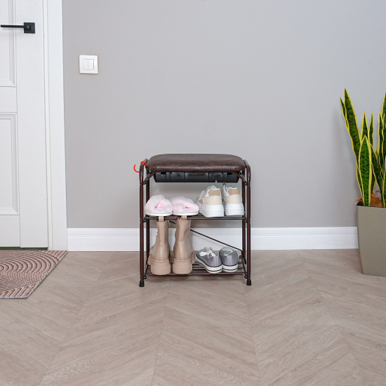 Подставка для обуви "Альфа 13" с сиденьем и ящиком (Коричневый)(3-х полочная,45см)