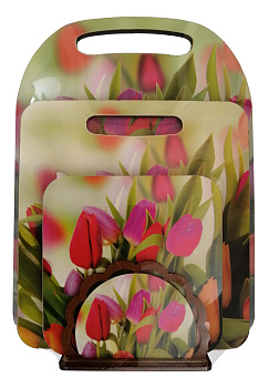 Комплект: Тюльпаны (доска разд, доска мал, подставка под горячее, салфетница) КМ-6