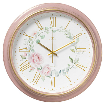 3527-012 (10) Часы настенные круг d=35см, корпус розовый с патиной, "Розы", Рубин