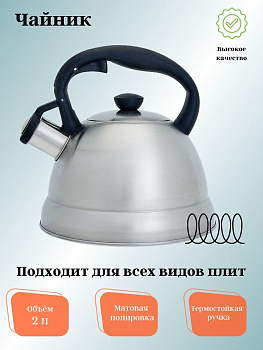 Чайник для плиты 2,0л нержавеющая сталь WEBBER ВЕ-0577 со свистком