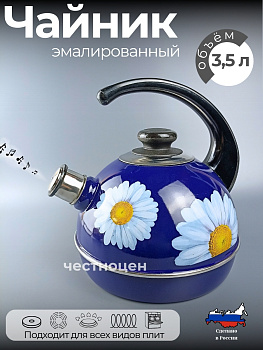 Чайник 3,5л. (конс. ручка) - синий/ромашки(нерж. сталь)индивидуальная упаковка. РT04/35/05/14
