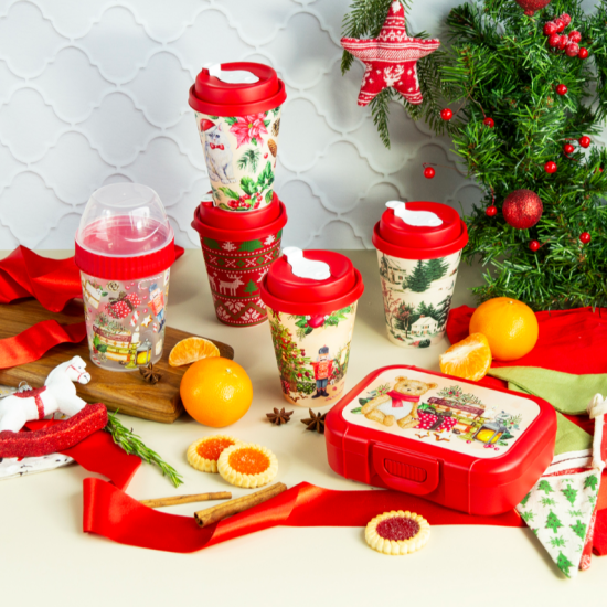 Набор с декором "Игрушки": стакан с крышкой 420мл + ланч-бокс 0,85л (красный) 223137106/03