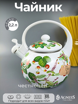ЧАЙНИК AGNESS ЭМАЛИРОВАННЫЙ СО СВИСТКОМ, 2,2Л, ИНДУКЦИОННОЕ ДНО 934-569