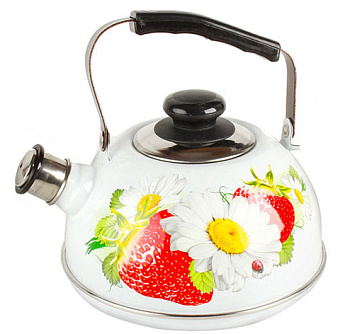 Чайник 3,5л ТМ04/35/03/05 подв.ручка со св. белый "Клубника с ромашкой" (декор-нерж.сталь) (4)