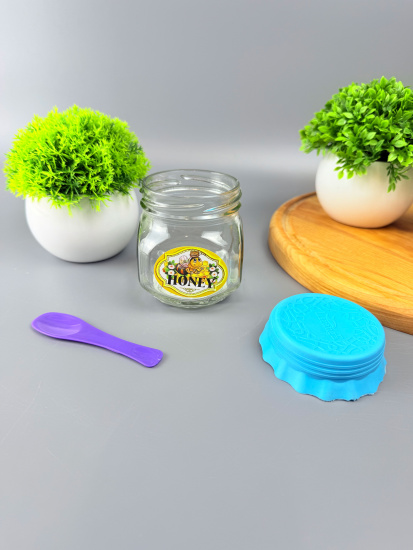 Банка д/хран.стекл.200мл ТО66 с кр. silicopy бирюза+ложка"HONEY Пчелка на голове горшочек"  Банка д/хран.стекл.200мл ТО66 с кр. silicopy бирюза+ложка"HONEY Пчелка на голове горшочек"
