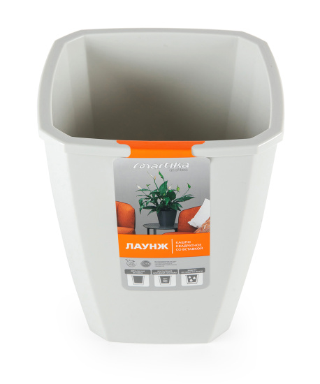 Кашпо квадратное с дренажной вставкой "Лаунж" 2,4л/1,6л светло-серое С371СЕР