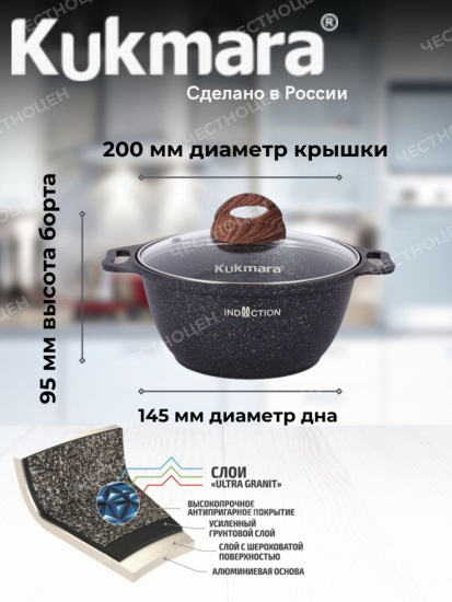 Кастрюля 2,0л со стекл. кр. АП "Гранит ультра индукционная" (синий) кгги22а 