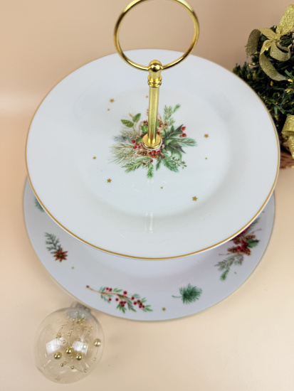 Блюдо 2-х ярусное для торта 27/19см круглое Новогоднее чудо 14354