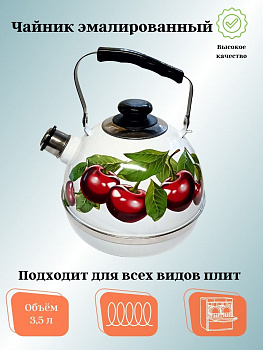 Чайник 3,5л. (подвиж. ручка) - белый / вишневый сад (декор - нерж. сталь) TM04/35/03/28