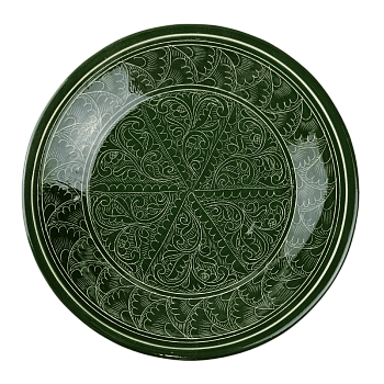 Тарелка 28см, плоская Риштанская керамика зеленая