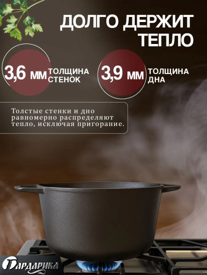 Кастрюля чугунная с крышкой чугунной, 3л, 22см ТМ ГАРДАРИКА 1403-3