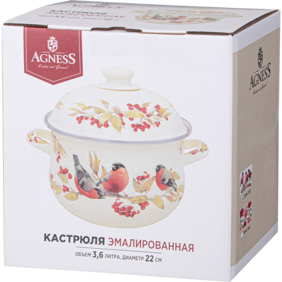 КАСТРЮЛЯ AGNESS ЭМАЛИРОВАННАЯ С ЭМАЛ.КРЫШКОЙ СЕРИЯ "СНЕГИРИ", 3.6 Л, 22*13 СМ (934-733)