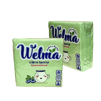 Салфетки бумажные однослойные зеленые 50шт WELMA 
