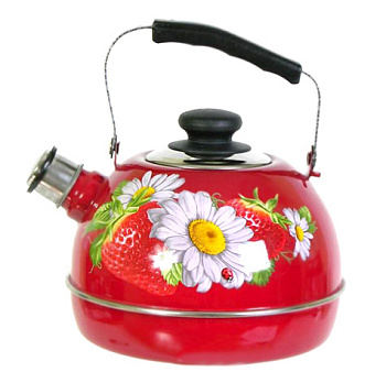 Чайник 3,5л ТМ04/35/01/05 подв.ручка со свистком бордовый "Клубника с ромашкой" (декор-нерж.сталь)
