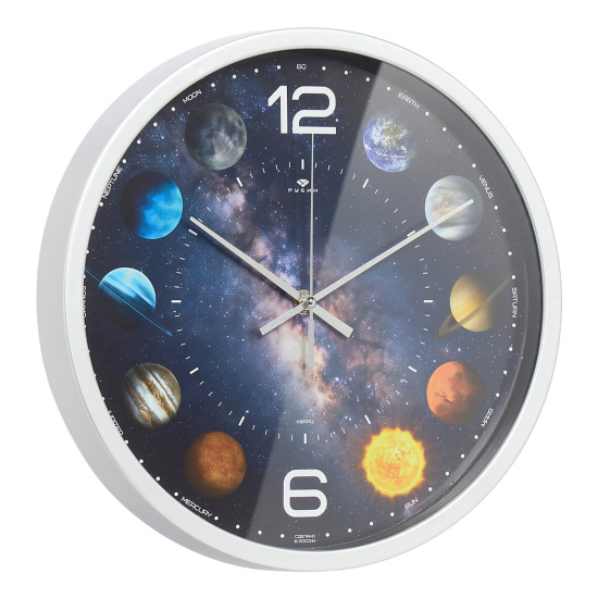 3027-056 (10) Часы настенные круг d=30см, корпус серебряный "Космос", Рубин