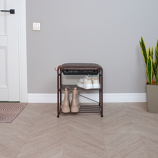 Подставка для обуви "Альфа 13" с сиденьем и ящиком (Коричневый)(3-х полочная,45см)