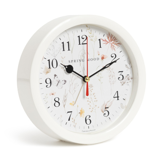 В4-063 (20) Будильник кварц d=15см, корпус белый "Цветочный паттерн", Рубин