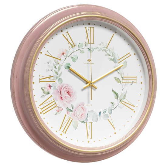 3527-012 (10) Часы настенные круг d=35см, корпус розовый с патиной, "Розы", Рубин