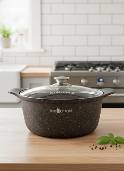 Кастрюля 4л со стекл. крышкой АП (кофейный мрамор) линия "Мраморная индукционная" кмки43а 