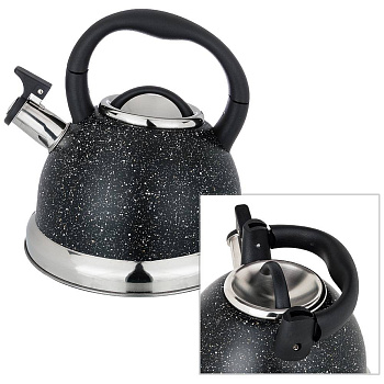 ЧАЙНИК AGNESS СО СВИСТКОМ, СЕРИЯ "BLACK MARBLE"3,0 Л И СКЛАДЫВАЮЩЕЙСЯ РУЧКОЙ, ИНДУКЦ. КАПС (937-030)
