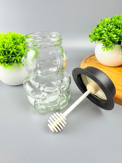 Банка для мёда стекл. 275 мл "МИШКА" с ложкой-веретено шляпа чёрная 475-98505 Банка для мёда стекл. 275 мл "МИШКА" с ложкой-веретено шляпа чёрная 475-98505