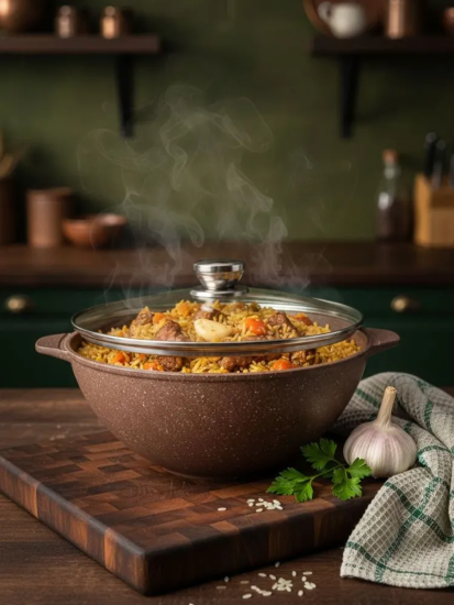 Казан для плова с а/п с стеклянной крышкой, 4 л Серия "Мрамор Алтай" ТМ "ГАРДАРИКА" 2004-07-10