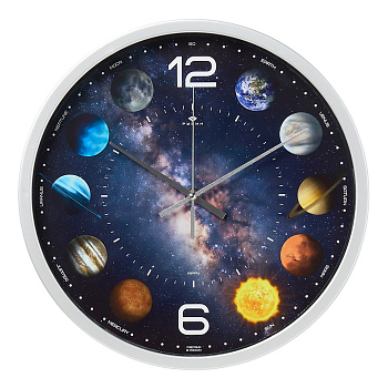 3027-056 (10) Часы настенные круг d=30см, корпус серебряный "Космос", Рубин