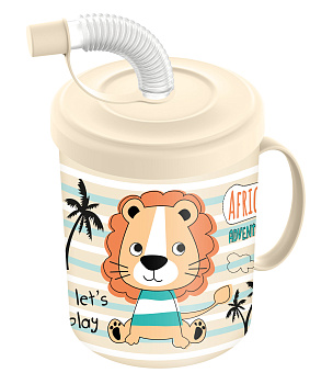 Кружка детская с крышкой, трубочкой и колпачком 300мл с декором"Львенок"(светло-бежевый)221502025/01
