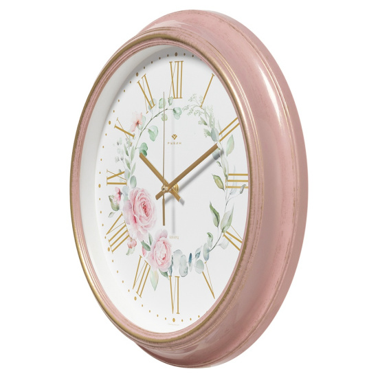 3527-012 (10) Часы настенные круг d=35см, корпус розовый с патиной, "Розы", Рубин