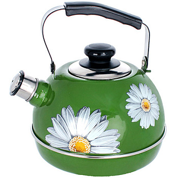 Чайник 3,5 л. (конс. ручка) зеленый Ромашки (декор нержавеющая сталь) Т04/35/07/14
