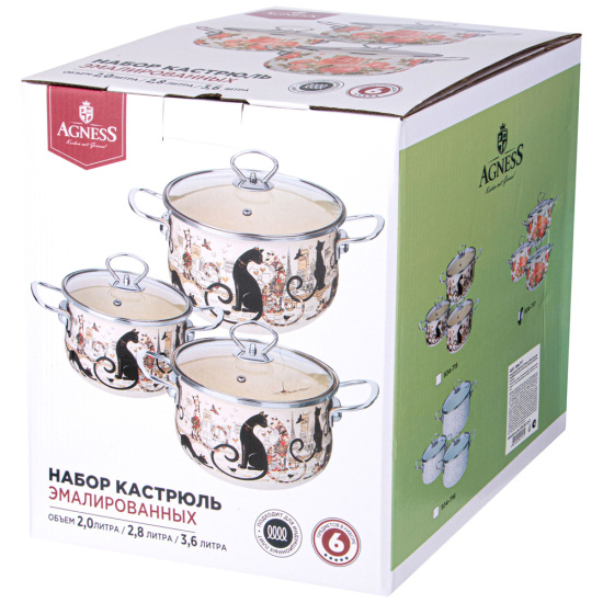 НАБОР КАСТРЮЛЬ AGNESS ЭМАЛИРОВАННЫХ СЕРИЯ "ПАРИЖСКИЕ КОТЫ", 6ПР. 2,0/2,8/3,6Л,18Х11/20Х12/ (934-715)