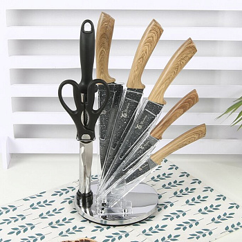 Набор ножей на подставке (5 ножей, ножницы, овощечистка, мусат), арт.DY-800HX
