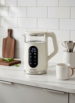 Чайник DELTA LUX DE-1025 корпус из термост. стекла и пластика, LCD дисплей,  белый: 2200Вт, 1,7л