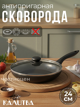 1832435 Сковорода 240мм 1ручка,стеклянная крышка, антипригарное покрытие рифл.дно (серия "Кумир")