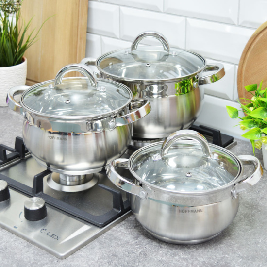 Набор кастрюль нержавеющая сталь 5-ти сл. капс.дно,6 предм.( кастрюли 3шт.-2,1л, 2,9л, 3,9л) НМ 5206