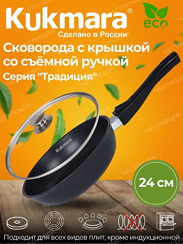 Сковорода 240/60мм со съемной ручкой, стеклянная крышка, антипригарное покрытие с247а