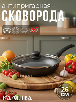 Сковорода 260мм 1 ручка,стеклянная крышка,антипригарное покрытие 39672635 "Атлас"