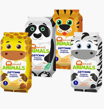 Салфетки влажные №8 детские с ромашкой и вит.Е Smart animals 72912