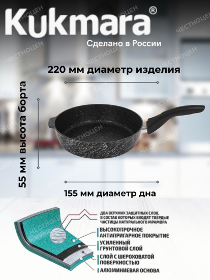 Сковорода глубокая 220мм со съемной ручкой,со стекл.крышкой,АП линия"Грация"(черный/серебро)сгчс222а