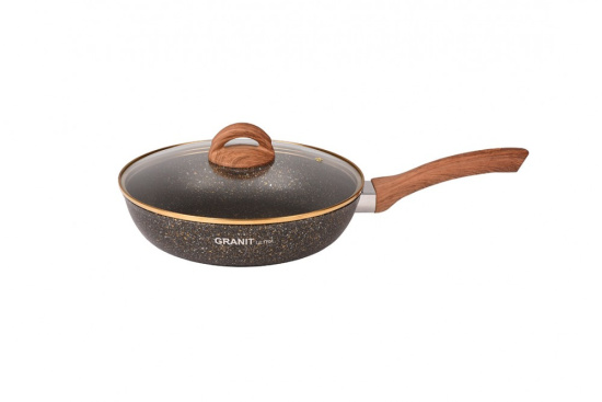 Сковорода 260мм с ручкой,стеклянной крышкой, АП линия "Granit ultra" (black-gold) сгбг261а