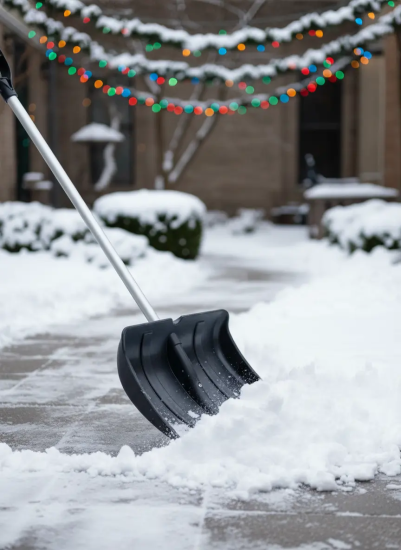 Снеговая лопата БОГАТЫРЬ №2 пластмассовая с оц.планкой 480х360мм, ø-32 с дер. черенком и V-руч 02039
