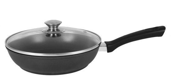 Сковорода 220/60-м с ручкой (ут.дно)стеклянная крышка,антипригарное покрытие с223а