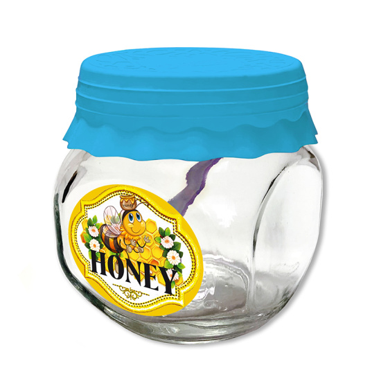 Банка д/хран.стекл.200мл ТО66 с кр. silicopy бирюза+ложка"HONEY Пчелка на голове горшочек"  Банка д/хран.стекл.200мл ТО66 с кр. silicopy бирюза+ложка"HONEY Пчелка на голове горшочек"