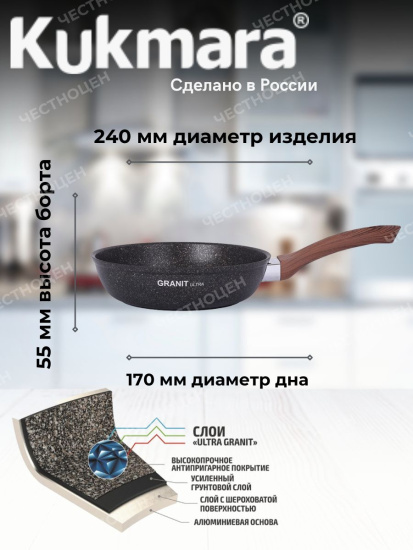 Сковорода 240мм с ручкой,антипригарное покрытие"Granit ultra" сго240а Сковорода 240мм с ручкой,антипригарное покрытие"Granit ultra" сго240а