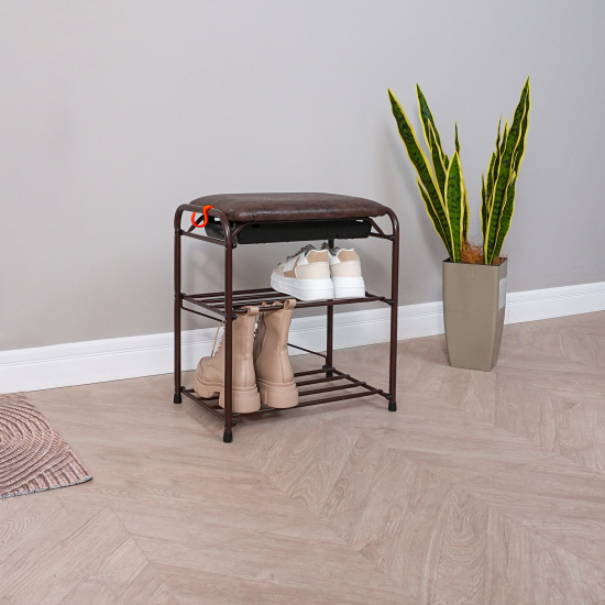 Подставка для обуви "Альфа 13" с сиденьем и ящиком (Коричневый)(3-х полочная,45см)